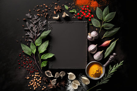 Spices and herbs on a background of black stone. with copy space, the top view. Generative AIの素材