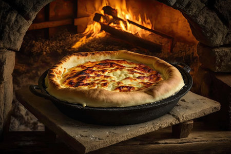 Traditional cheese pie from Romania, baked on a skillet over an open flame. food originating in Romania and Moldova. Generative AIの素材