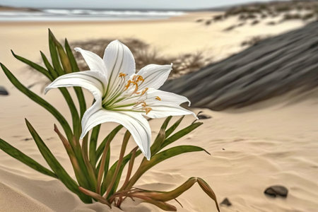 View of a sea daffodil or sand lily up close. White flowering wild plant, Pancratium maritimum, with a sandy beach background. Pancratium sea lily. Generative AIの素材