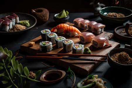View from a high angle of traditional Japanese culinary items being offered. Sushi, rolls, edamame, and tuna tataki in a set. Generative AIの素材