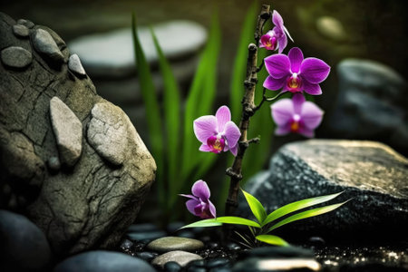 macro of narrow bamboo grove on stones with an orchid. Generative AIの素材