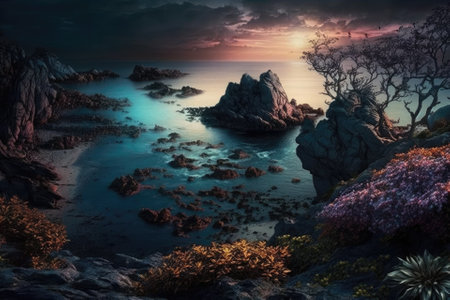 Sea in a paradisiacal landscape at dusk. Generative AIの素材