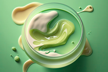 On a green background, a top view of a beaker filled with translucent liquid depicts an abstract face care product composition. Generative AIの素材
