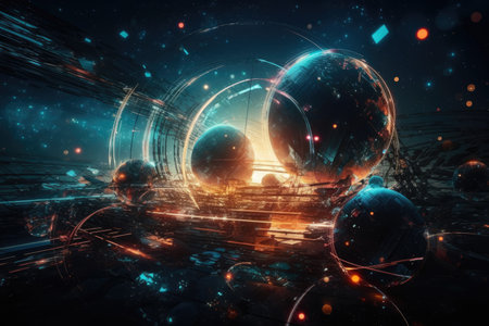 a celebration, a holiday, an outdoor space station, an abstract backdrop, a wallpaper texture, modern technology, and kinetic energy. Generative AIの素材