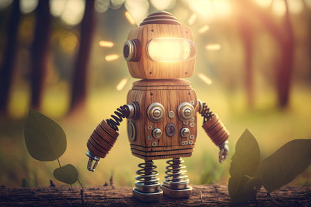 Retro wood robot with light bulb on the head standing on the table with blur nature background, nature and energy concepts. Generative AIの素材
