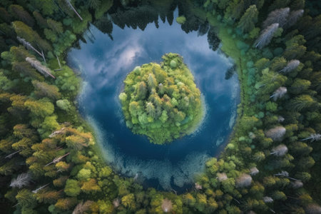 Alpine woodland surrounds a lake in the vertical earth. Eco photograph with a reflection of the planet in the clouds. Generative AIの素材