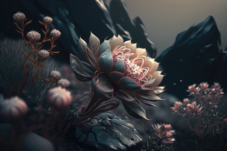 gorgeous bloom up close, pristine nature backdrop, gloomy nature concept. Generative AIの素材