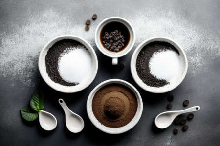 top view of white bowls with ground coffee against a background of grey concrete. Generative AIの素材