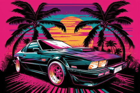 Sports automobile against a retro wave background with palm trees lining the route. artwork in the 80s fashion. Generative AIの素材