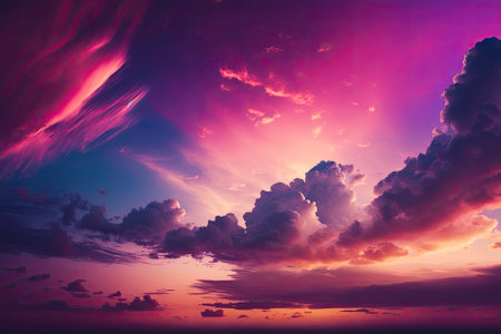 majestic twilight Twilight in the evening sky at sunset with vivid sunshine. pastel hues. nature background in abstraction. shadowy pink and purple clouds a long shuttershot of the sunset sky. Generative AIの素材