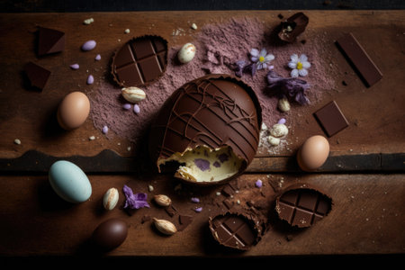 View from the top of a wooden table showing a wrapped easter egg, numerous mini stuffed chocolate eggs, and shattered chocolates. Generative AIの素材