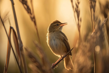 Eurasian reed warbler Acrocephalus scirpaceus bird singing in reeds during sunrise. Early sunny morning in Summer. Generative AIの素材