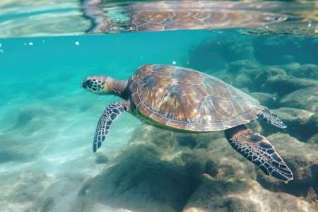 an eye catching sea turtle swimming in the clear water. pictures taken while snorkeling with a turtle. Animals that live in water. diving with marine creatures. Generative AIの素材