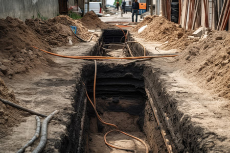 construction of a 5G network Data cable and plastic coils in a trench underneath. Fast internet via fiber optic connection. Area of residential homes. Generative AIの素材