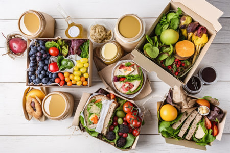 delivery of wholesome food. Takeout for a diet. nourishment for athletes, foil wrapped produce, meat, and fruit, utensils, drink, and brown paper packaging flat lay at white wood in the top view with . Generative AIの素材