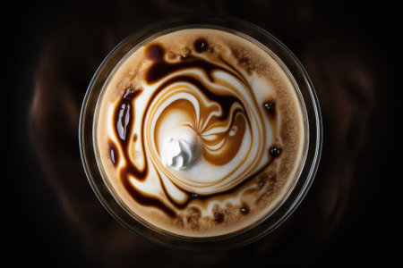 lovely coffee milk foam Top view of a clear glass filled with coffee and milk against a dark background. Generative AIの素材