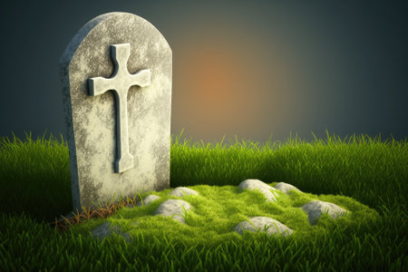 superior resolution. Concept for Easter Sunday An empty tombstone with a cross against a meadow morning. Generative AIの素材