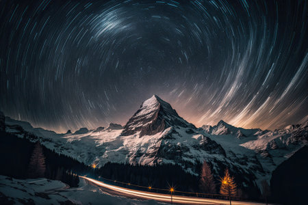 star trails with mountain in switzerland. Generative AIの素材
