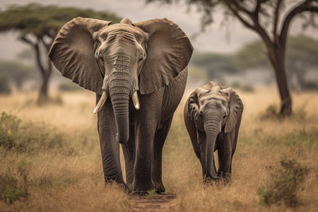 Elephant and her young strolling through tanzania and kenya. Generative AIの素材