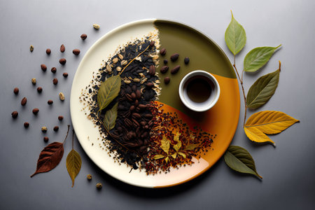 tea leaves and coffee beans on the same dish. Generative AIの素材