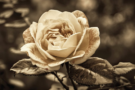 Close up macro picture of a rose flower blossom in retro sepia. Generative AIの素材