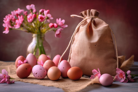 Easter eggs and spring flowers are displayed on a pink tile background in a string bag. Generative AIの素材