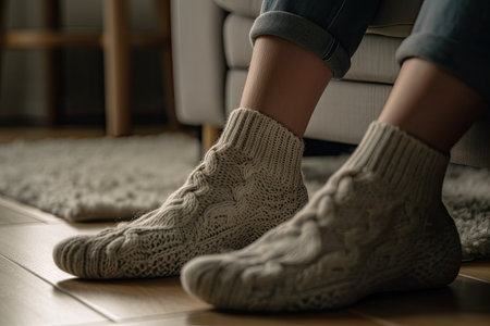 Female legs in cozy woolen knitted socks on a warm heated floor in living room at home. Generative AIの素材