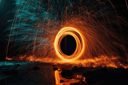 firework drawing iron wool circle. Spinning steel wool that is burning, at night, burning spark trajectories. Steel wool fire hoop effect, movement lighting. pyrotechnics, long exposure light painting. Generative AIの素材
