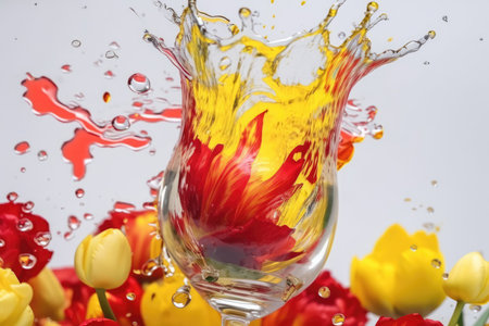 Flowers in a glass of water with splashes and droplets. Background of a red flower with yellow petals. aesthetic of abstract flowers. Botanical art drops and blobs. Generative AIの素材