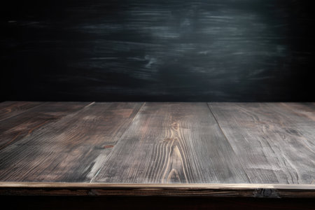 Empty wooden deck table over chalkboard. Generative AIの素材