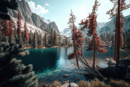 pine trees by a mountain lake. Generative AIの素材