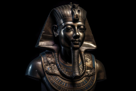 Egyptian pharaoh god bust sculpture, with a dark background. Generative AIの素材