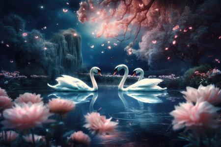 Fantasy enchanting enchanted fairy tale scenery with elegant birds in love, flowering pink rose flower garden on enigmatic blue background at night, and two white swans couple swimming in lake. Generative AIの素材