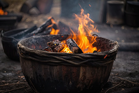 burning wood, heat, fire, light, and ashes in a brazier. Macro image of a rural area in the fall. Images and backgrounds of autumn. Generative AIの素材