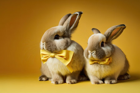 two Adorable bunnies in a bow on a vivid yellow background. amusing animal. Generative AIの素材