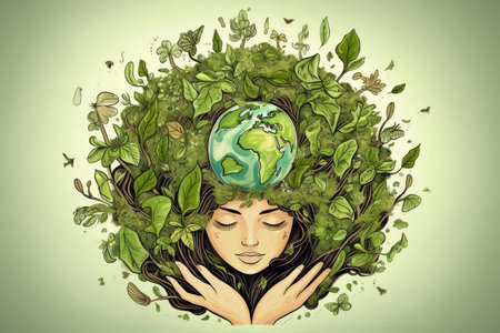 Earth that is environmentally friendly. cherish nature taking care of nature. Symbolic illustration of s embracing the natural world. Green thinking Ecology Idea. looking up. Lay flat. Generative AIの素材