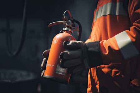 Fireman holding fire extinguisher. available in emergencies conflagration damage background. Safety concept. Generative AIの素材