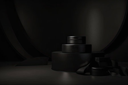 For the Black Friday offer presentation, a fully black podium pedestal with dark materials is used. Elegant online retail concept and promotional marketing platform. Generative AIの素材