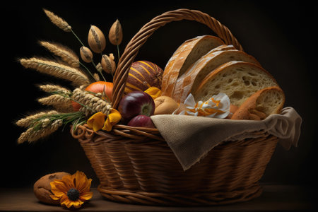 composition in a wicker basket with various bread goods. Generative AIの素材