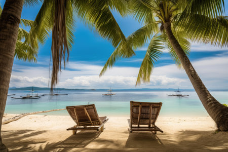 For a beach relax banner, a tropical beach nature summer scene with lounge chairs and palm trees is used. Beautiful vacation or holiday destination with a luxury travel landscape. couple scenic beach. Generative AIの素材