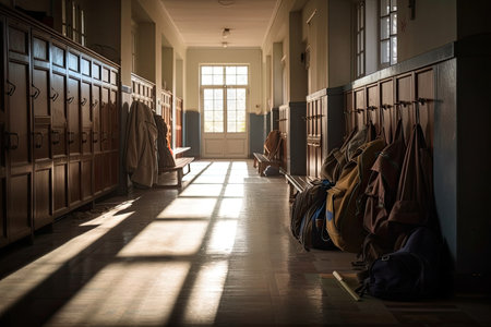 Empty hallway in the school, backpacks and bags on hooks, bright recreation room. Generative AIの素材