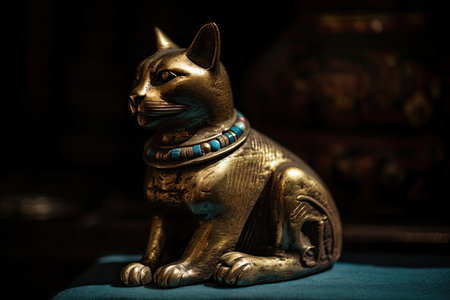 Egyptian deity depicted as a cat, a figurine of the animal against a dark background. Generative AIの素材