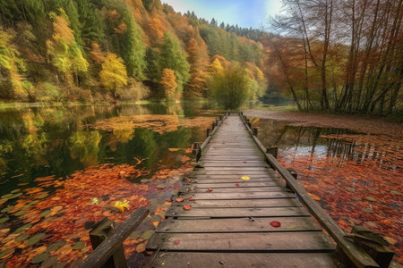 Fall foliage in Yedigoller Park Bolu (seven lakes) with fallen red and yellow leaves and a wooden pier Bolu, Turkey. Generative AIの素材