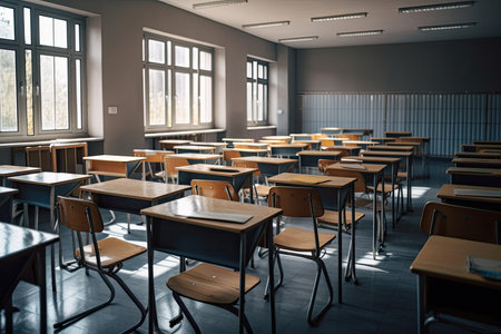 empty classroom with tables and chairs. Generative AIの素材