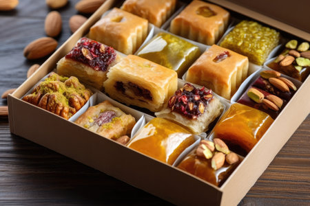 Desserts or sweets in Arabic Turkish baklava Desserts from the Middle East and Arabic countries, such konafa and baklava, are presented in a gift box. Generative AIの素材