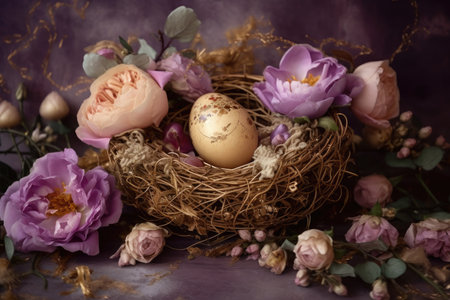 Digital newborn backdrop featuring a golden egg and flowers on a violet background. Generative AIの素材