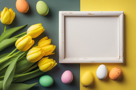 Easter background including a white wooden table, yellow tulips, and colorful eggs. with copy space, the top view. Generative AIの素材