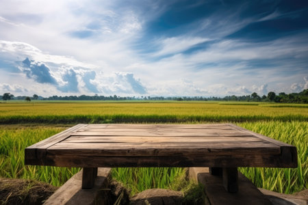 Empty wooden table on rice fields with blue sky background. Generative AIの素材