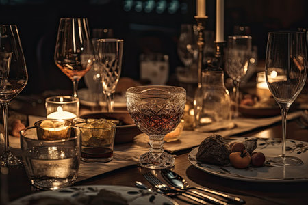 a close up of a table in a restaurant with food and drink. Generative AIの素材