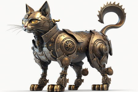 metal cat robot in steampunk style on white background. Generative AIの素材